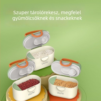 Kétszintes tejporos doboz hordozható rekeszekkel, zárható és nedvességálló, 0–1 évesek számára