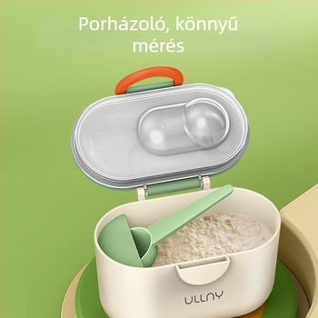 Kétszintes tejporos doboz hordozható rekeszekkel, zárható és nedvességálló, 0–1 évesek számára