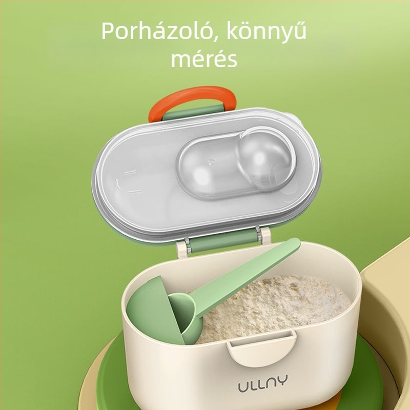 Kétszintes tejporos doboz hordozható rekeszekkel, zárható és nedvességálló, 0–1 évesek számára