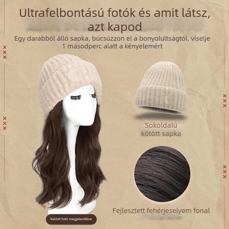 Tingzi paróka hosszú, hullámos göndör hajjal és vastag kötött sapkával, nagy fejkerület