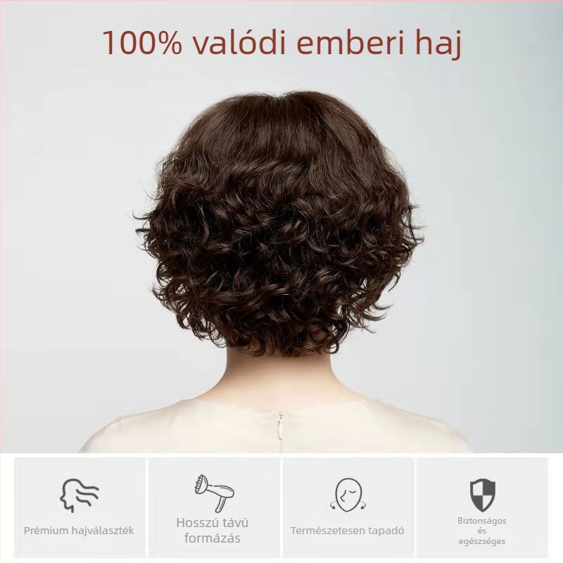 Női paróka, rövid göndör hajstílus anyuka-stílusban, valódi emberi haj, lélegző, könnyű fejfedő, elfedi az őszülést és növeli a volumenét
