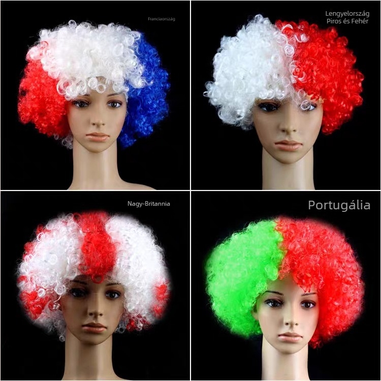 Színes afro paróka, rövid göndör haj, Brazília világbajnokság téma, modell 120G