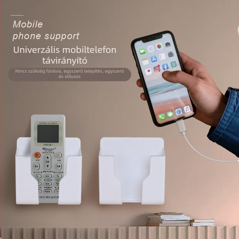 Síkfalra szerelhető tároló telefonhoz, töltőhöz és távirányítóhoz – hálószoba és nappali, fúrás nélkül, ragasztóval rögzítve