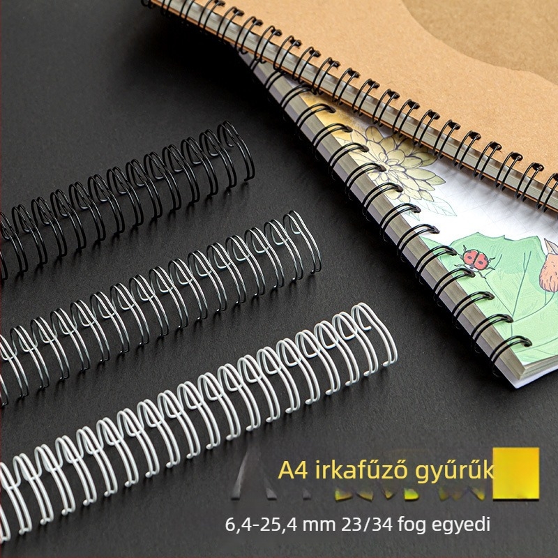 Fém kötőgyűrűk, dupla huzal, 6,4–25,4 mm, fekete–fehér naptárgyűrűk, préselt típus, vastított, lemezekhez