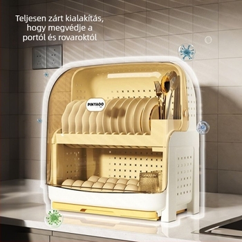 Műanyag dupla rétegű edényállvány fedéllel, porálló és csöpögtethető, modern minimalista stílusban