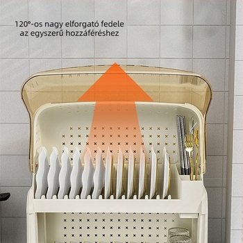 Műanyag dupla rétegű edényállvány fedéllel, porálló és csöpögtethető, modern minimalista stílusban