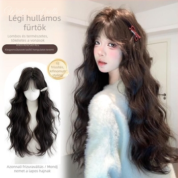 Női paróka teljes fejfedéssel, hosszú göndör haj, hőálló rostok, középen elválasztott fringe, természetes megjelenés, mechanikus kivitel