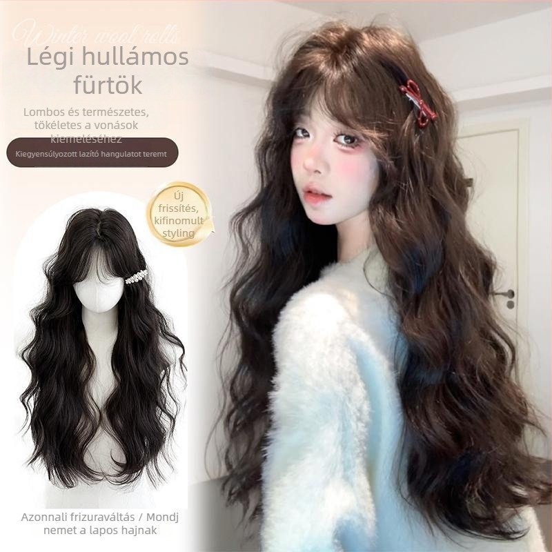 Női paróka teljes fejfedéssel, hosszú göndör haj, hőálló rostok, középen elválasztott fringe, természetes megjelenés, mechanikus kivitel
