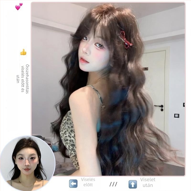 Női paróka teljes fejfedéssel, hosszú göndör haj, hőálló rostok, középen elválasztott fringe, természetes megjelenés, mechanikus kivitel