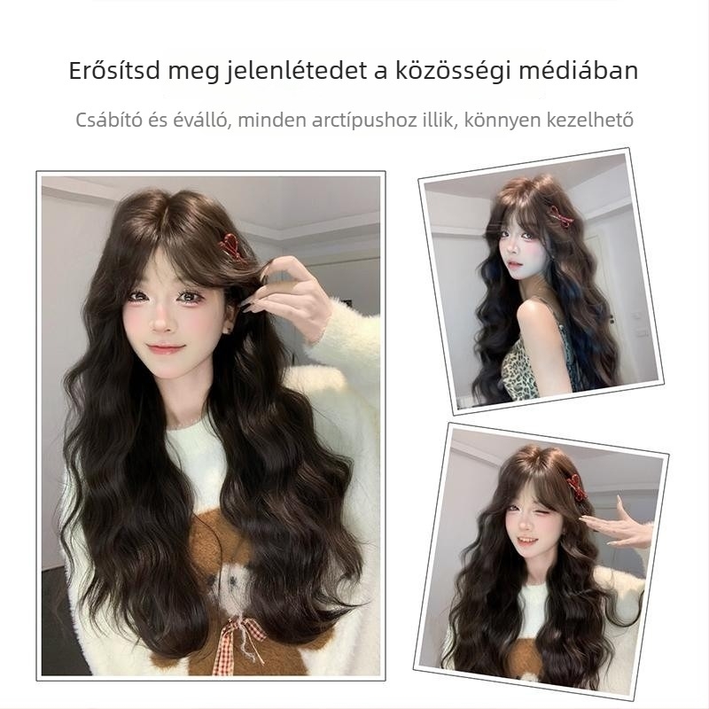 Női paróka teljes fejfedéssel, hosszú göndör haj, hőálló rostok, középen elválasztott fringe, természetes megjelenés, mechanikus kivitel