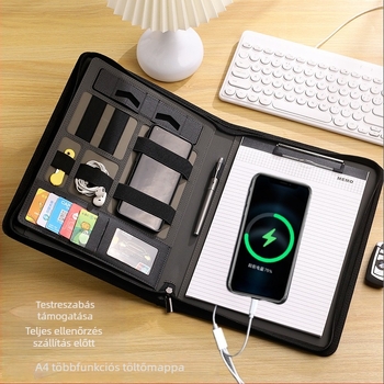 A4-es töltőmappa műbőr kivitelben, power bank tartó-klippel és töltőporttal, többfunkciós üzleti táska cipzárral, testreszabható