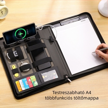 A4-es töltőmappa műbőr kivitelben, power bank tartó-klippel és töltőporttal, többfunkciós üzleti táska cipzárral, testreszabható