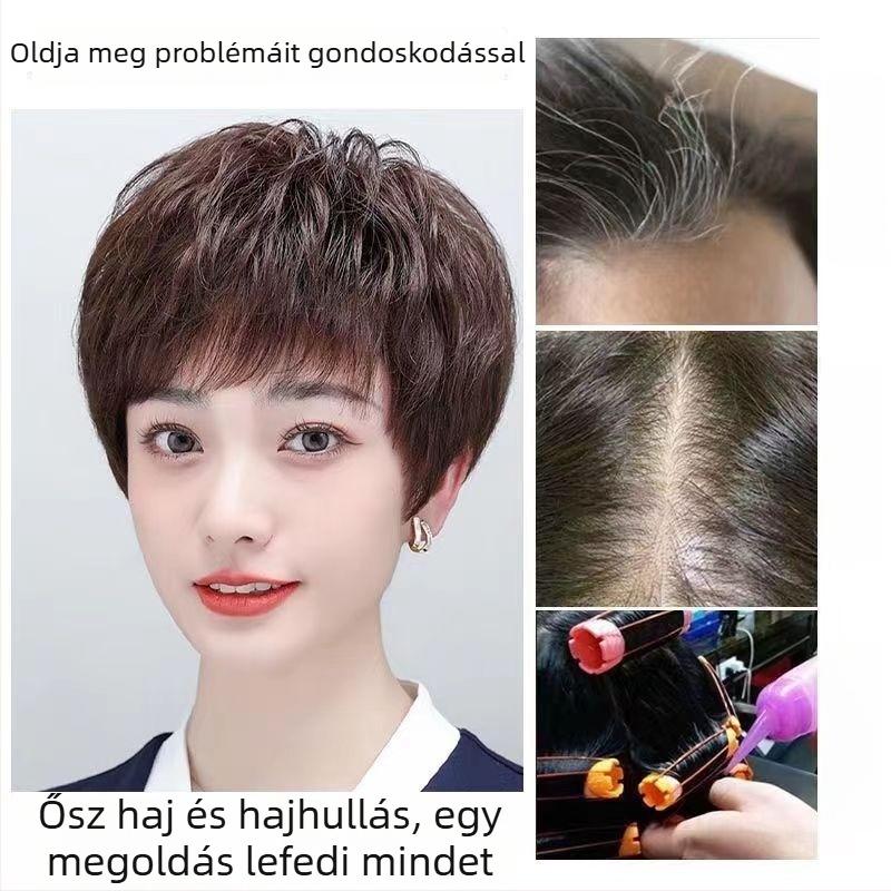 Fejtetőn viselhető paróka nőknek, természetes hatás, valódi emberi haj, rövid göndör paróka, elfedi ősz hajat