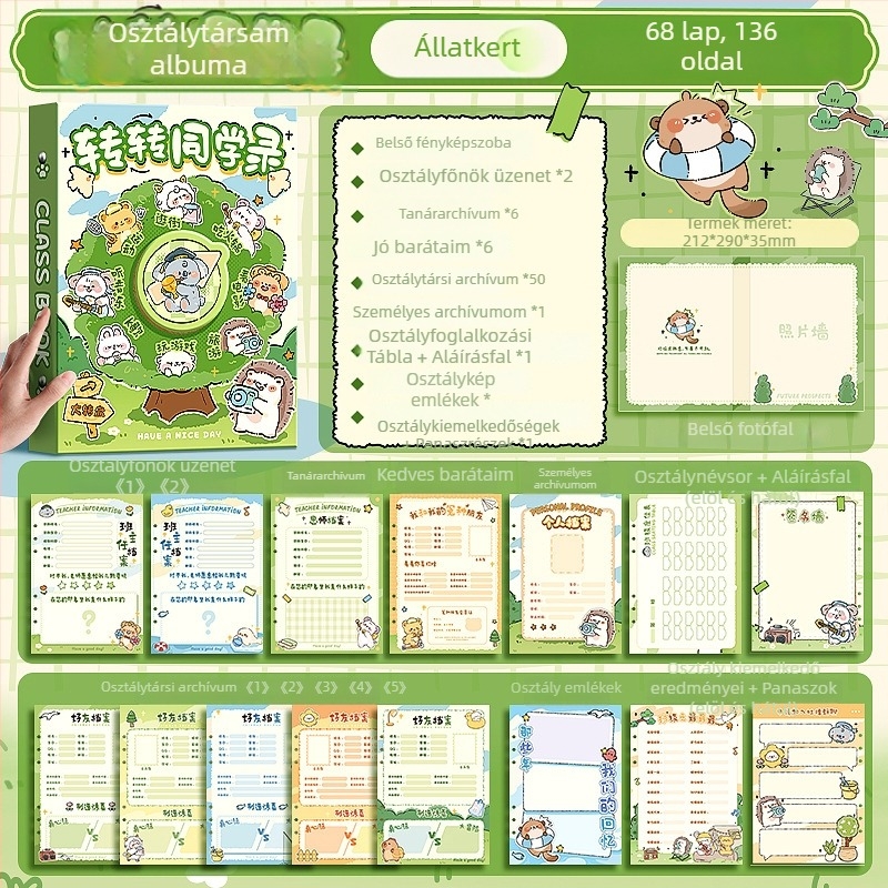 Osztálytársak karikatúra állat témájú névjegyzéke — eredeti pulp papír, oldalszabad kötés, logó nyomtatás lehetséges, ajándéknak ideális