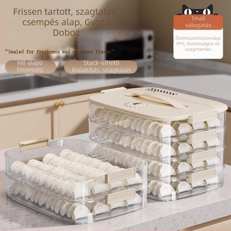 Dumpling tároló doboz (többrétegű kialakítás; új kínai stílus; PP anyag; hordozható; frissesség megőrzése)