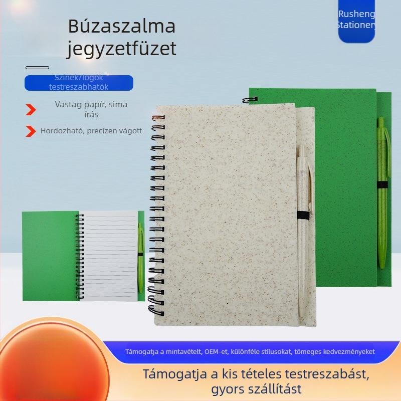 Spirálisan kötött jegyzetfüzet tollal, búzafű borítóval, diákoknak szánt jegyzet, logó nyomtatás elérhető, kompakt kis notesz tollal