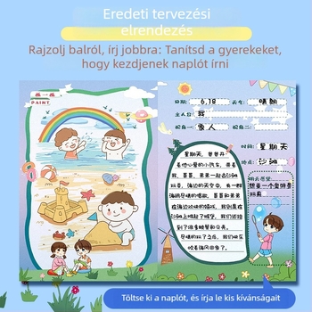 Gyerekeknek készült jegyzetfüzet — aranyos rajz- és írásnapló karikatúrákkal; 32 oldal, 80 gsm nyersfa-cellulóz papír, francia hajtás kötés, japán-koreai cukor stílus
