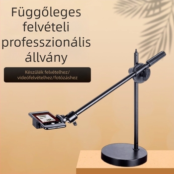 Felső nézetű telefon-tartó lámpával — asztali vagy talajon rögzíthető, univerzális műanyag tartó, rezgésgátló (anti-shake), élő közvetítéshez és videófelvételhez
