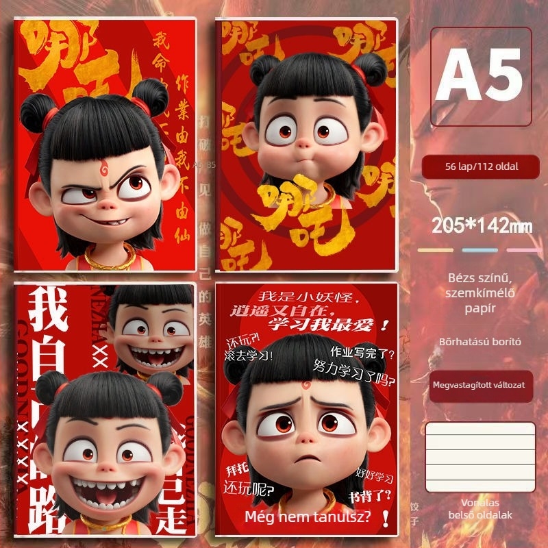 A5 jegyzetfüzet PVC borítóval, spirálkötés, 56 oldal, Dowling 80 g papír, Nezha téma, aranyos japán/koreai stílus