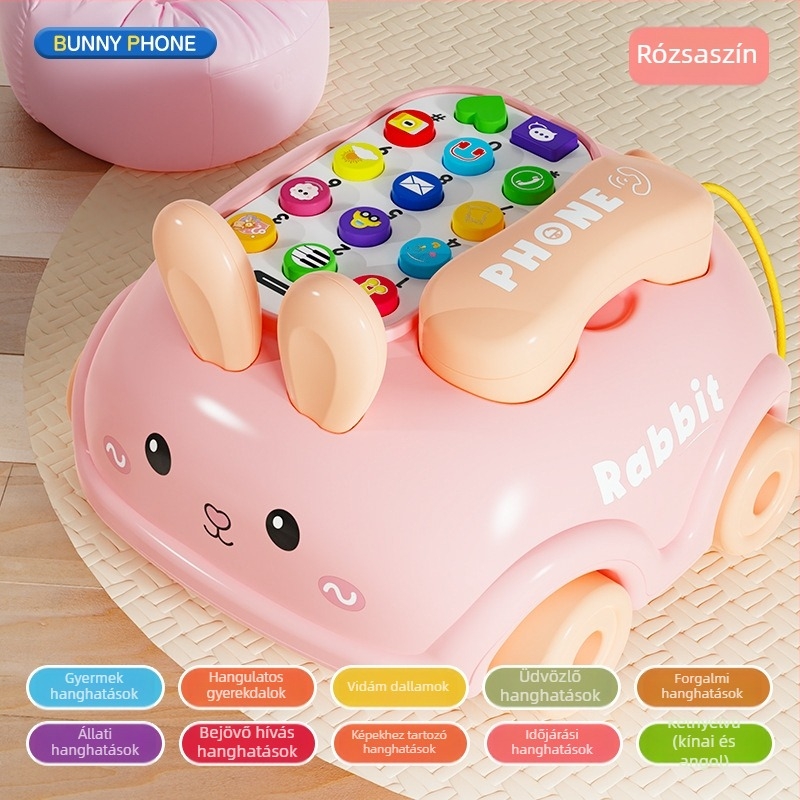 Fejlesztő játék gyerekeknek – nyuszi alakú telefon, zene és interaktív mesék; műanyag kivitel; 4–6 éveseknek.