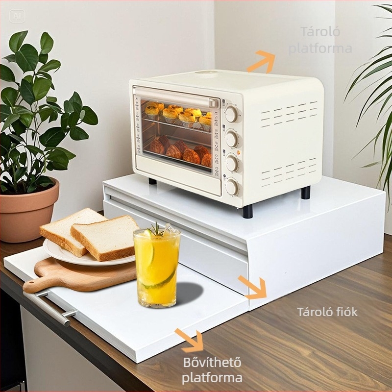 Fém anyagú, kinyitható, kétszintes padlón álló mikrohullámú sütő tároló, trapéz alakú, többfunkciós, telepítés nélkül.