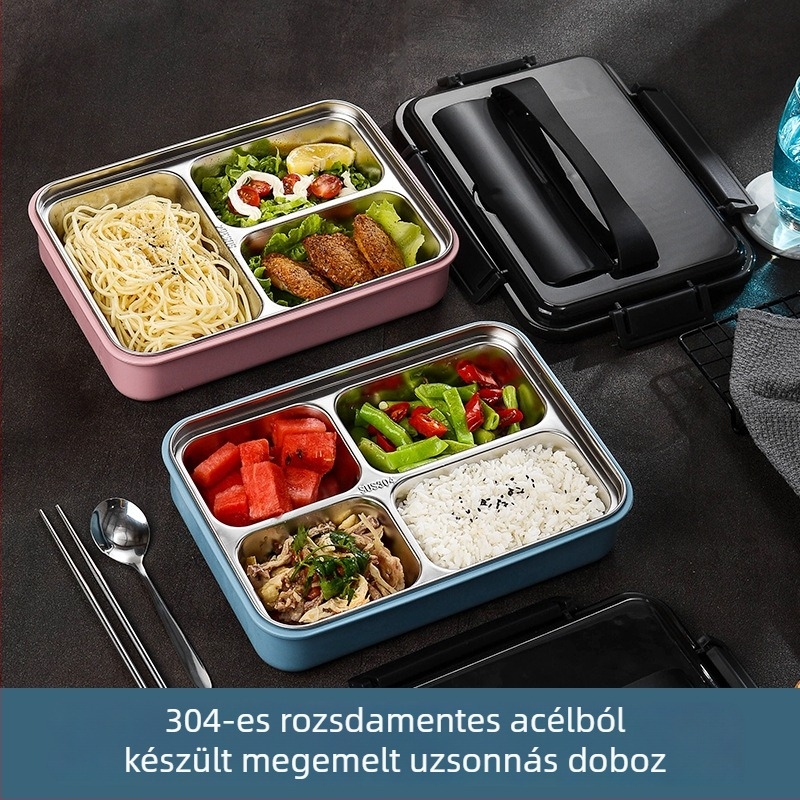 304 rozsdamentes acél ebédes doboz, termoszigetelt, három, négy vagy öt rekesz, négyszögletes, csattal és fogantyúval