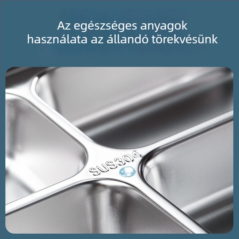 304 rozsdamentes acél ebédes doboz, termoszigetelt, három, négy vagy öt rekesz, négyszögletes, csattal és fogantyúval