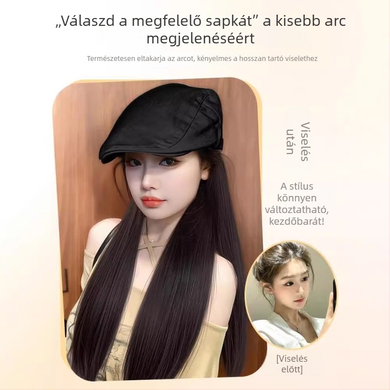 Integrált sapkás paróka, hosszú egyenes haj, koreai stílusú sapka, teljes fejfedés, természetes hatás