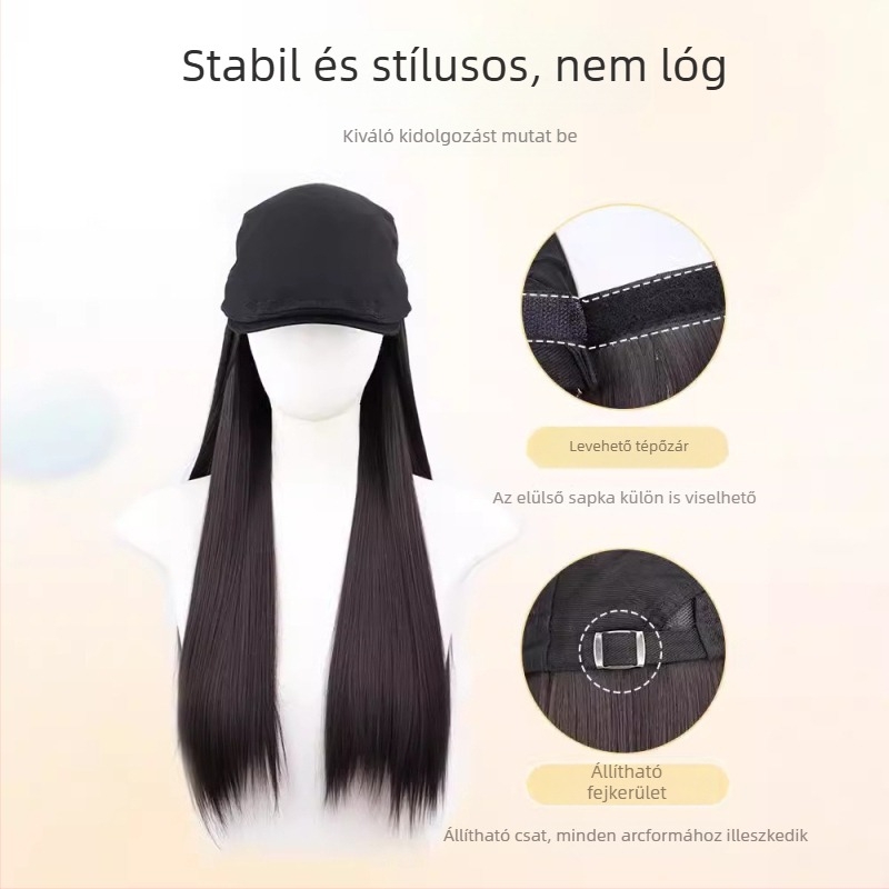 Integrált sapkás paróka, hosszú egyenes haj, koreai stílusú sapka, teljes fejfedés, természetes hatás