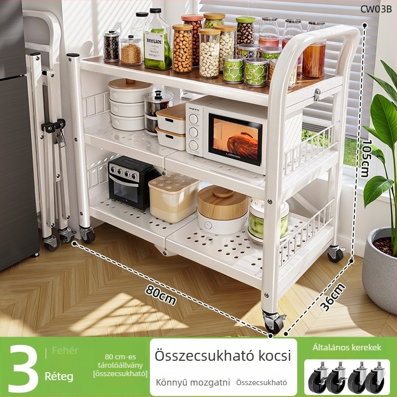 Konyhai összecsukható padlóállvány tároló, többrétegű fém polc mikrohullámú sütőhöz és edényekhez, mozgatható, szerelés nélkül