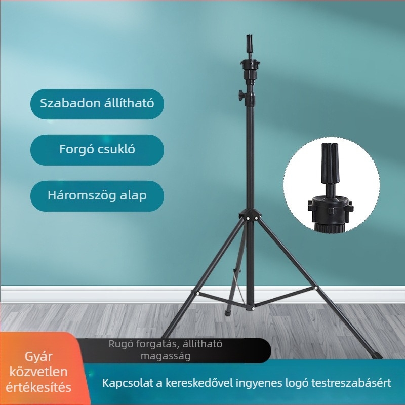 Fejformázó állvány parókához — padlóra álló háromlábú állvány, modell 003, selyem haj, festhető, rövid egyenes frizura, középhosszú haj