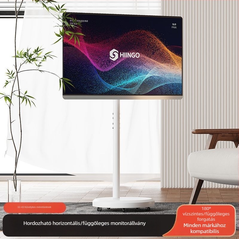 Padlón álló, mozgatható kijelzőtartó forgó képernyővel, magasságban állítható TV-stativ kerekekkel — mechanikus vezérlés; export határokon átívelő; kiegészítők; TV távirányító