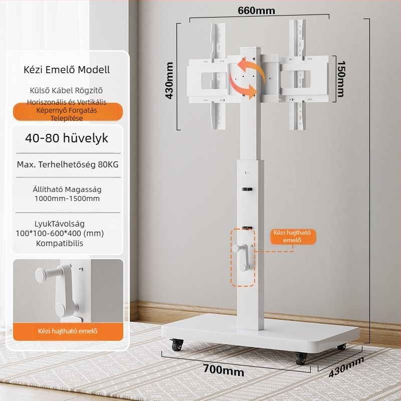 Padlón álló, mozgatható kijelzőtartó forgó képernyővel, magasságban állítható TV-stativ kerekekkel — mechanikus vezérlés; export határokon átívelő; kiegészítők; TV távirányító