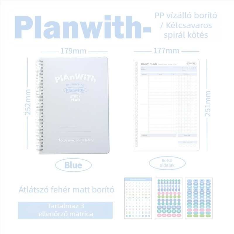 Planwith oldható lapú notesz önfegyelemhez, egyszerű tervezés, PP borító, szálkötés, 320 g papír, 1–50 oldal