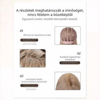 Női paróka, valósághű göndör, göndörök kifelé irányuló, nyolcas alakú frufru, magas hőálló szál, mechanizmusos feldolgozás, arcformázás