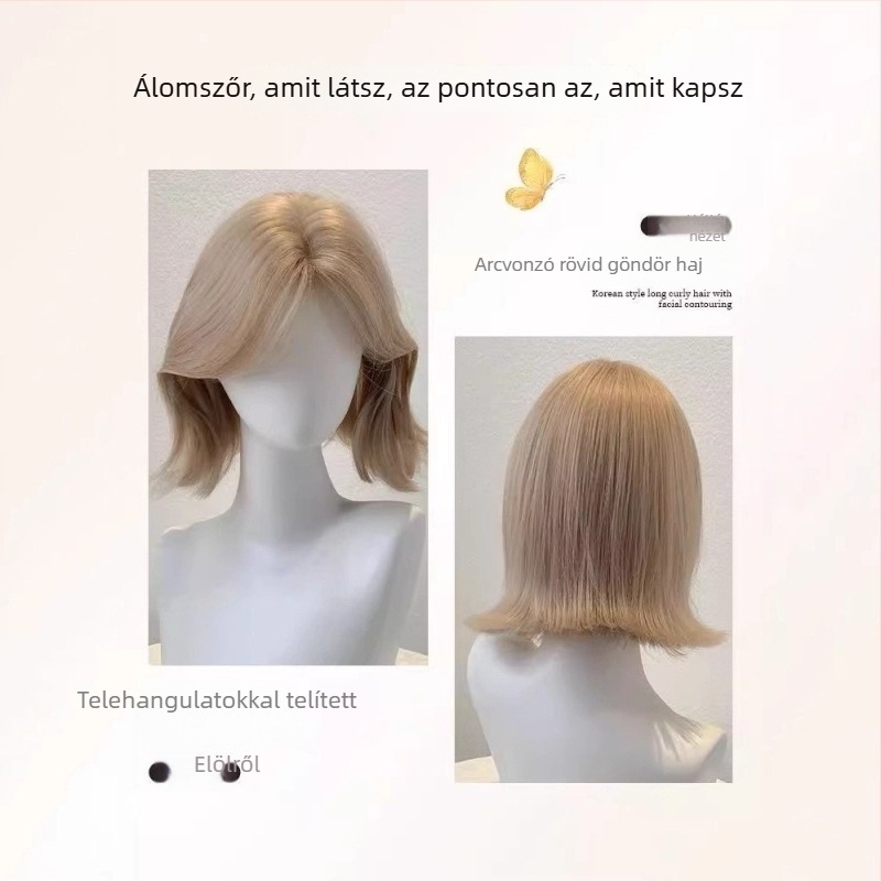 Női paróka, valósághű göndör, göndörök kifelé irányuló, nyolcas alakú frufru, magas hőálló szál, mechanizmusos feldolgozás, arcformázás