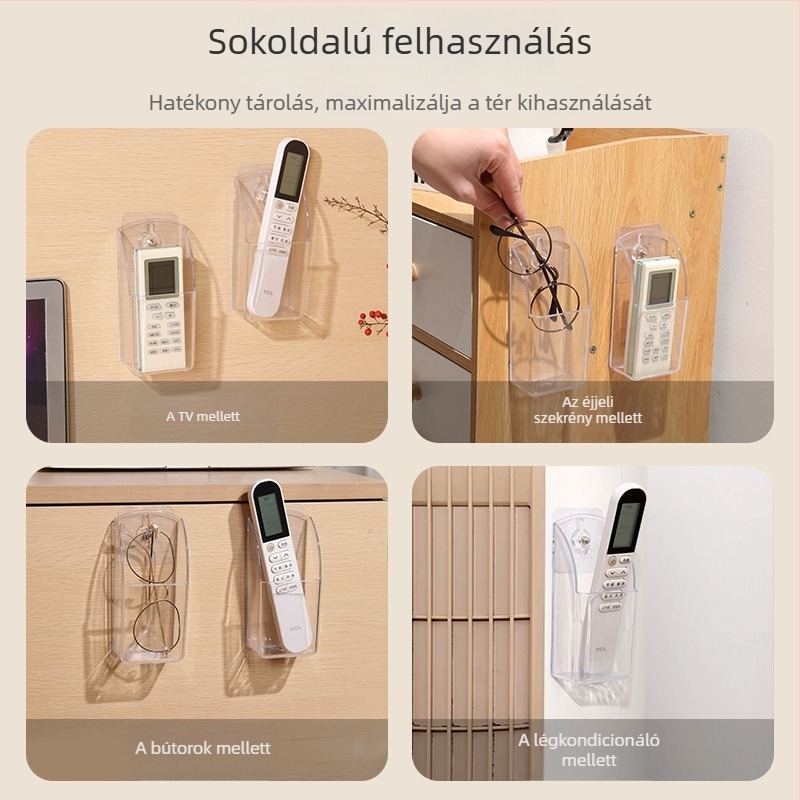 Akril falra szerelhető távirányító-tároló, átlátszó, csavarbehajtás nélküli szerelés, 0,6 L kapacitás, TV és klíma távirányítóinak