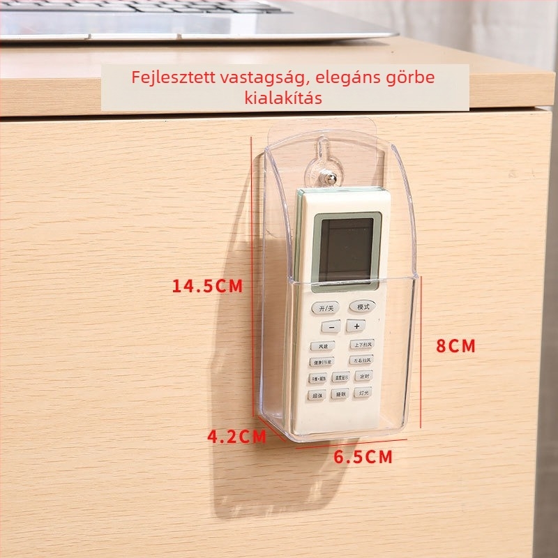 Akril falra szerelhető távirányító-tároló, átlátszó, csavarbehajtás nélküli szerelés, 0,6 L kapacitás, TV és klíma távirányítóinak