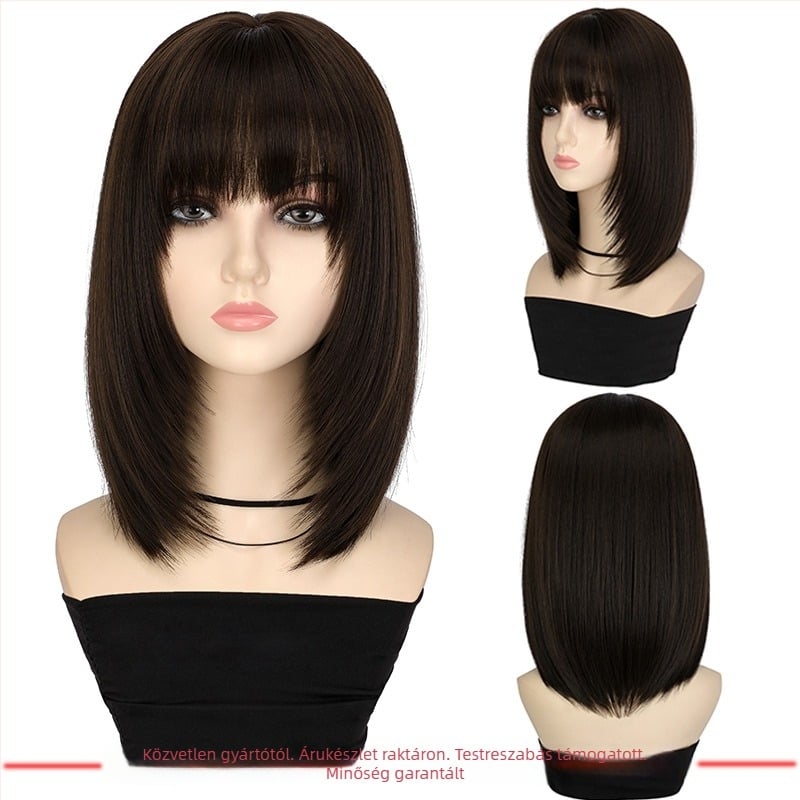 Rövid, egyenes paróka rétegzett kulcscsontig – hőálló rostok, festhető, egyenes frufru, modell SQ049