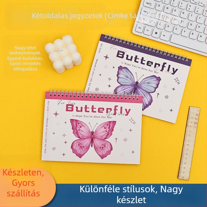 Pillangó motívumú, kétoldalas spirálfüzet, nyers fa cellulóz papír, 1–50 oldal