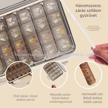 Tablettás doboz, téglalap alakú, 21 rekesz, 1 L kapacitás, PP műanyag