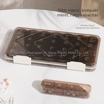 Tablettás doboz, téglalap alakú, 21 rekesz, 1 L kapacitás, PP műanyag