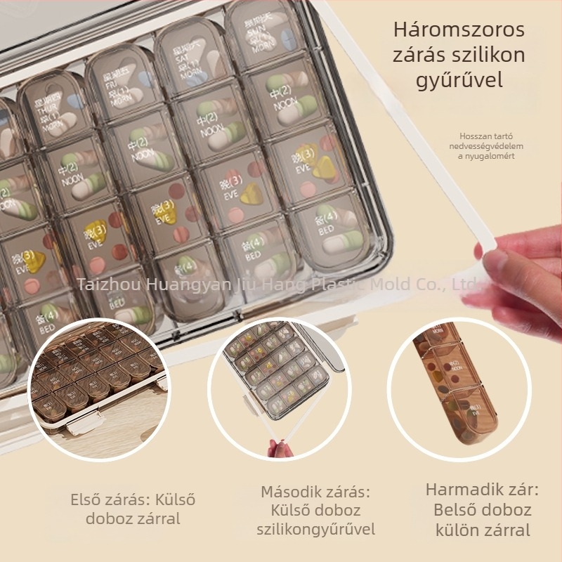 Tablettás doboz, téglalap alakú, 21 rekesz, 1 L kapacitás, PP műanyag