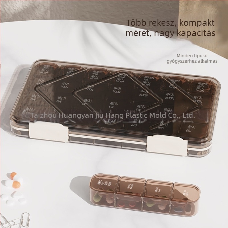 Tablettás doboz, téglalap alakú, 21 rekesz, 1 L kapacitás, PP műanyag