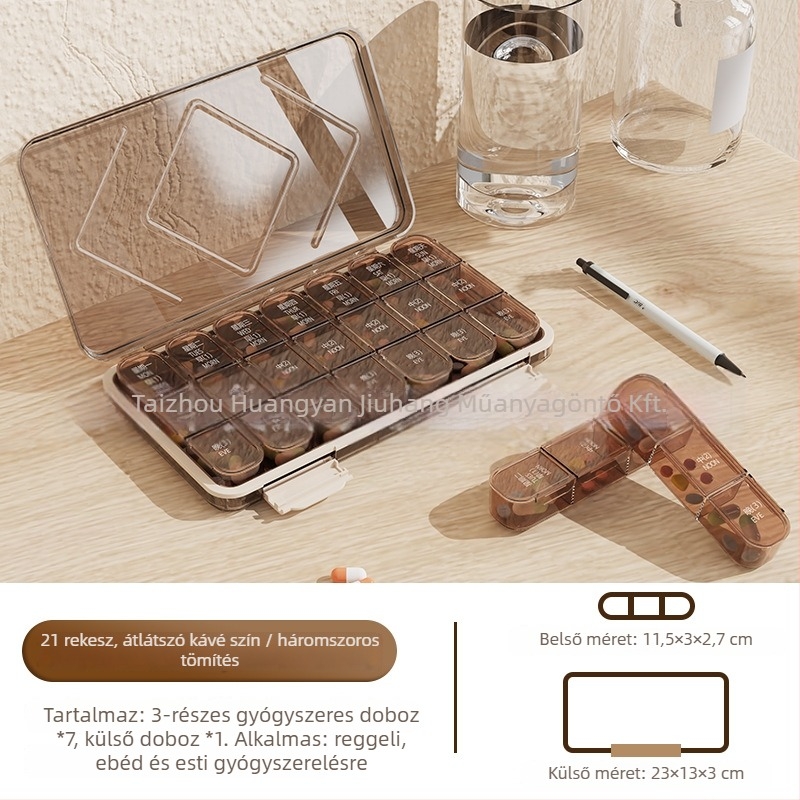 Tablettás doboz, téglalap alakú, 21 rekesz, 1 L kapacitás, PP műanyag