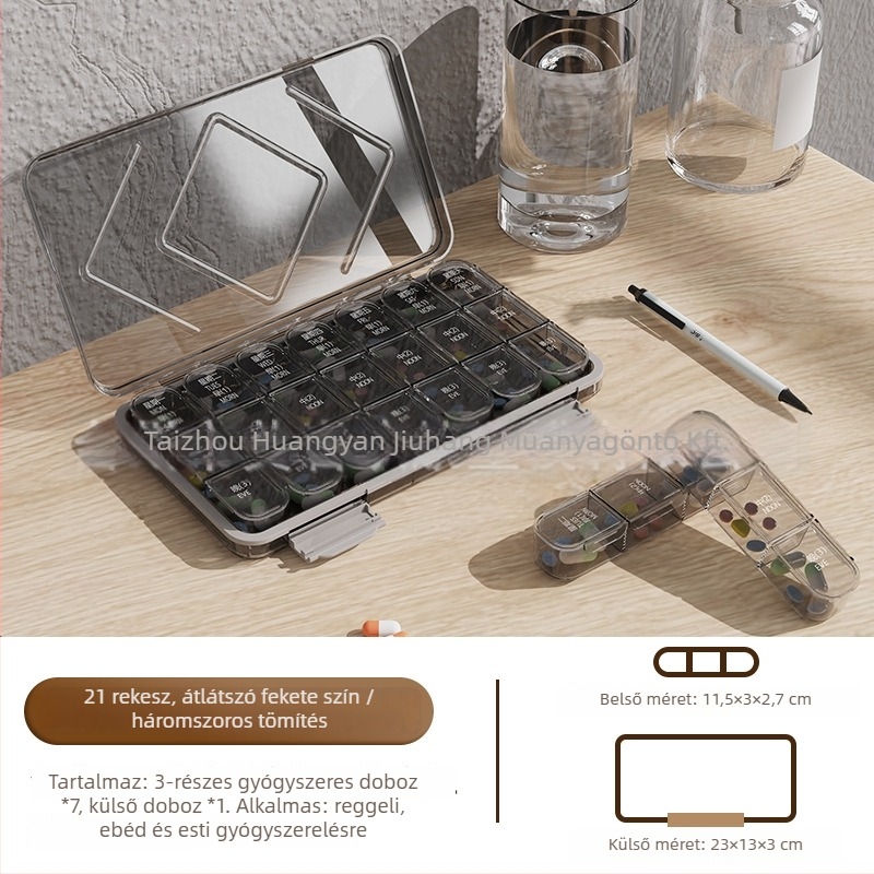 Tablettás doboz, téglalap alakú, 21 rekesz, 1 L kapacitás, PP műanyag