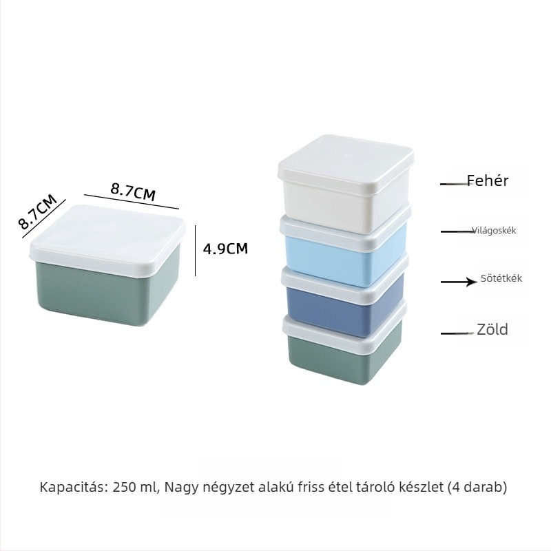 Négy darabos műanyag négyszögletes ételtároló készlet, mikrohullámú sütőben használható, kapacitás 301-500 ml