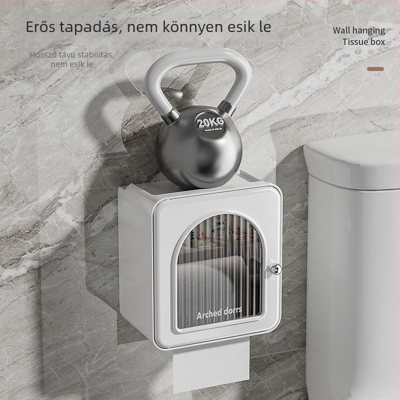 Falihoz rögzíthető papírzsebkendő tartó fürdőszobába — vízálló, multifunkcionális, modell 6801, PP + rozsdamentes acél cső