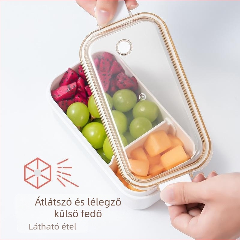 Átlátszó ételtároló doboz rekeszekkel, élelmiszer-minőségű, mikrohullámú sütőben használható, téglalap alakú, egy rétegű, PP+PS+szilikagél