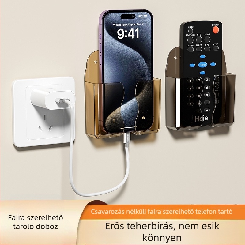 Fali telefon-tároló polc távirányító-tartóval és töltőállvánnyal, műanyag, modell 0001, telepítés nélkül